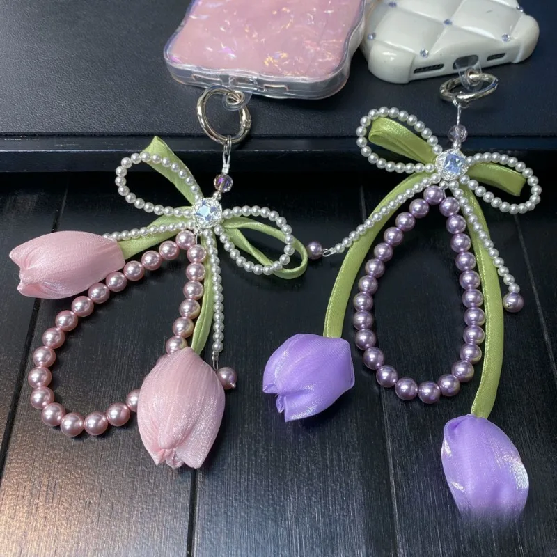 Новый корейский сладкий жемчужный бант, цветок тюльпана, брелок с подвеской в виде сердца, эстетический брелок для ключей для девочек, сумка, подвеска, аксессуары