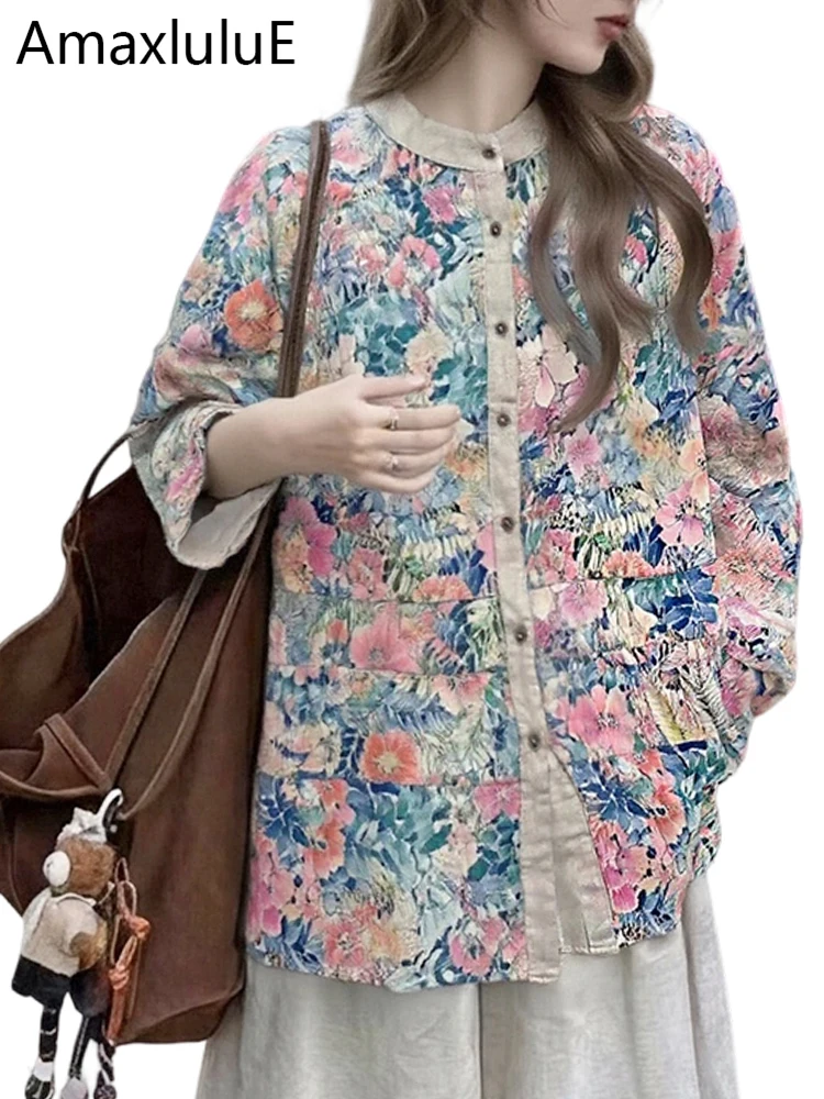Amax LuluE Spring Luxury Clothes Womens Fashion Printed Leisure Shirts Loose Floral Cotton Tops Ladies Classic Vintage Blouses