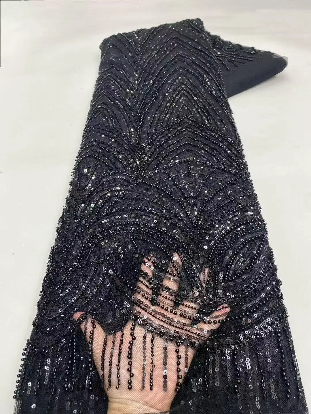 

Hot Sale New Tulle Lace Fabric With Beads Sequins African Nigerian French 2026 High End Wedding Party Bride Sewing Dress 5 Yards