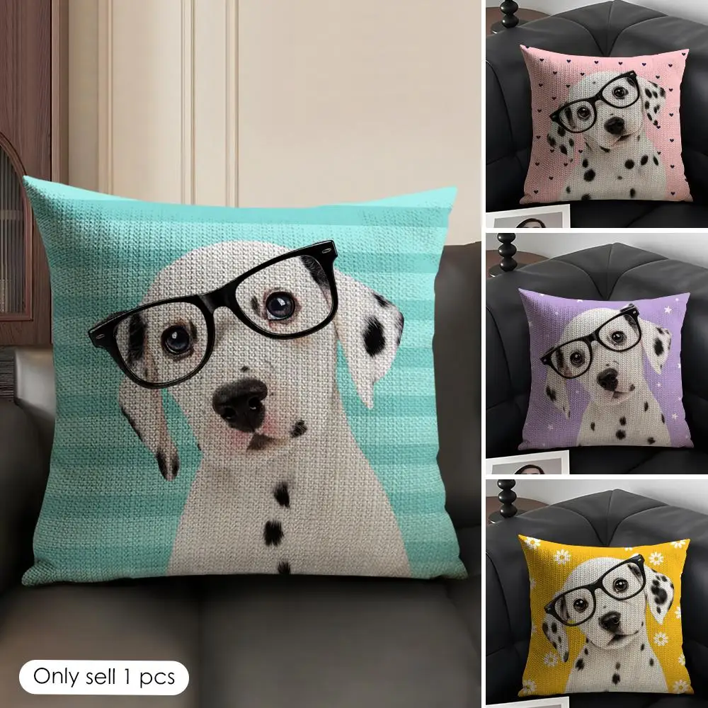 Dalmatian Dog With Glasses Cushion Cover Linen Organic Fabric Double-Sided Printing Sofa Breathable Home Decor Gift Pillow Case
