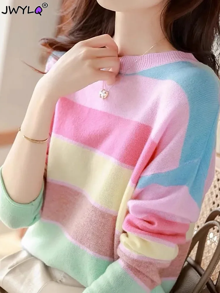 Rainbow Striped Round Neck Slim Sweet Korean Knitwear Women Casual Long Sleeve Pullover Tops Spring Autumn Chic Knitted Sweaters