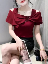 Sweet Bowknot Slash Neck Cotton T-shirt Women Summer Off Shoulder Top TShirt Short Sleeve Tee Shirts