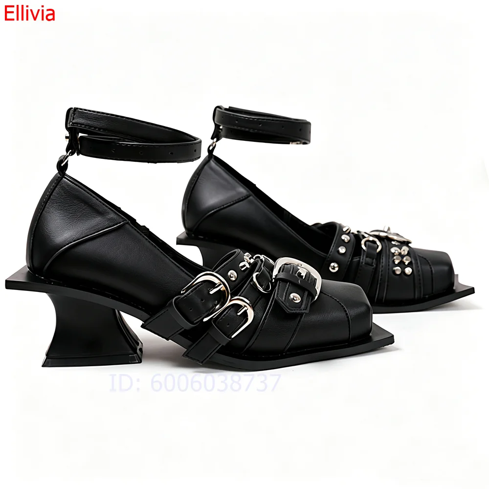 Women Black Square Toe Sandals Punk Rivet Buckle Strap Ankle Wrap Flat Shoes Gothic Street Fashion Statement Shoes