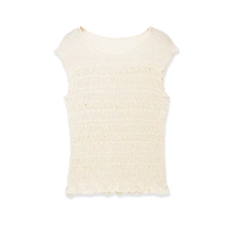 Damen Sommer Strick-Rüschen-Tanktop 2026 Neu Rundhals Ärmellos Elastisch Gerafftes Lässiges Basic-Shirt Bluse für den Alltag – Detail 2