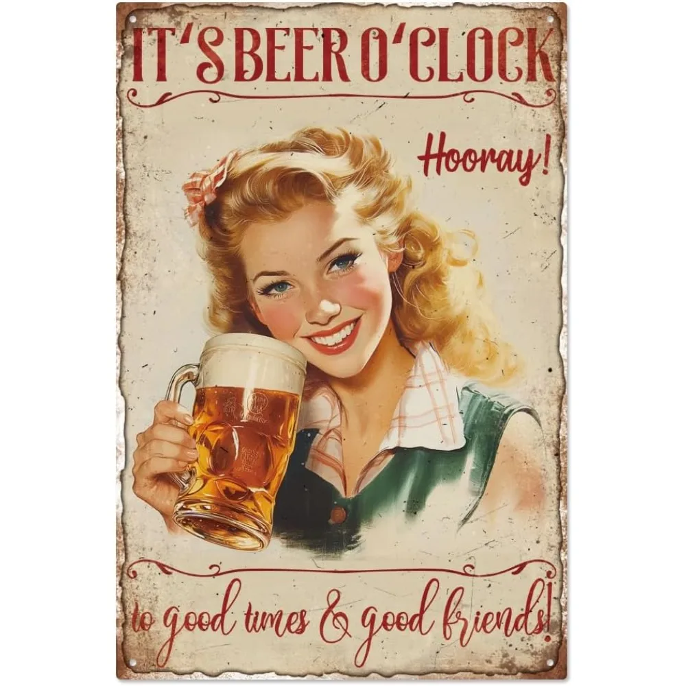 Vintage Pin-Up Lady Bier Metallschild Lustiges Bar- und Männerhöhle-Metallschild „It's Beer O'Clock Somewhere“ Wandkunst Poster Plaketten