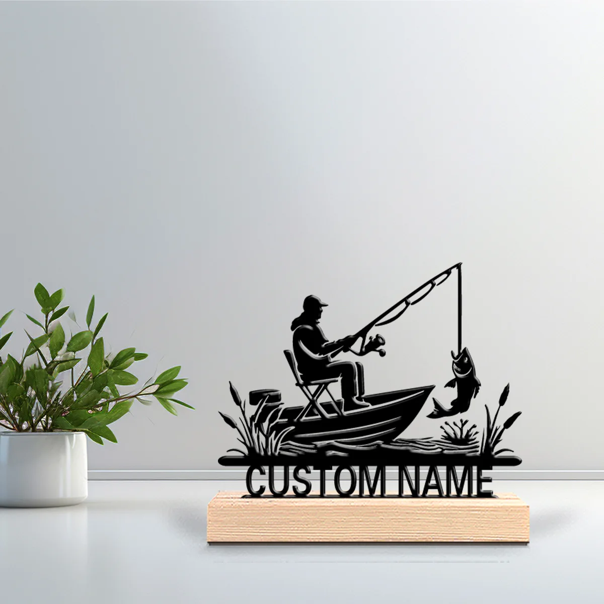 1pc Creative fishing Metal Statue Iron Ornament Personalized Name Handicraft With Wood Base With Wood Base For Office Room Decor
