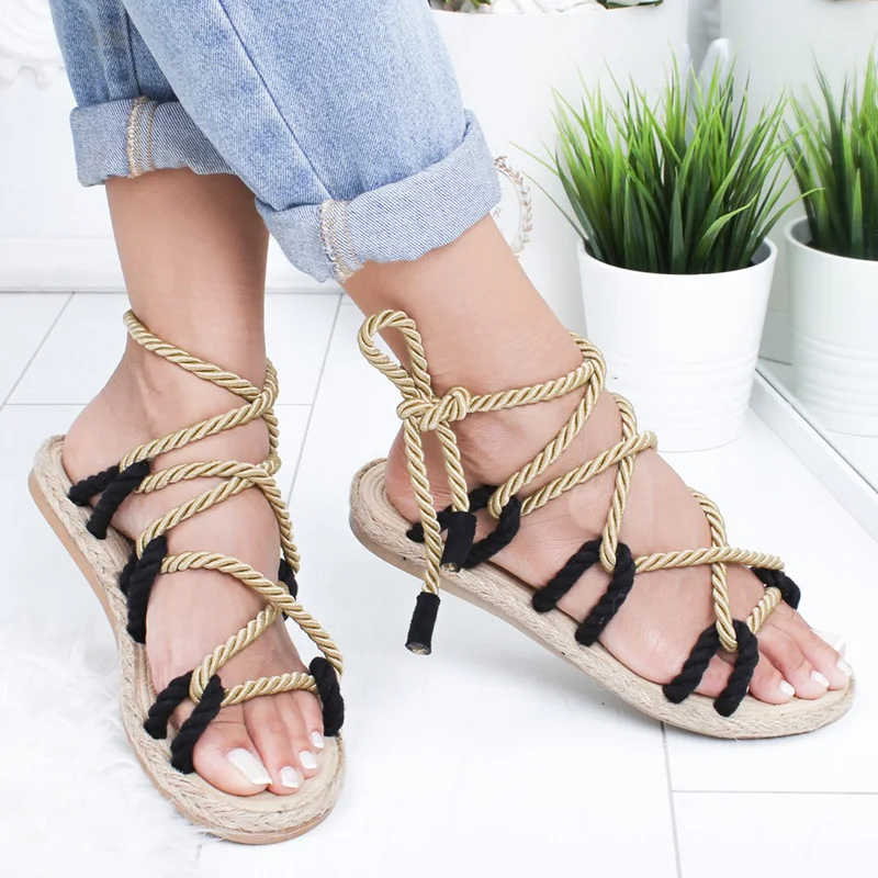 Women Sandals 2020 Fashion Summer Shoes Woman Flat Sandals Hemp Rope Lace Up Gladiator Sandals Non-slip Beach Chaussures Femme