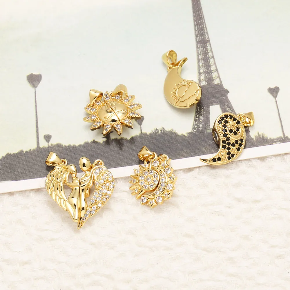 OCESRIO White Crystal Sun Moon Pendant for Necklace Copper Gold Plated Yin Yang Angel Sunshine Jewelry Making Supplies pdta592