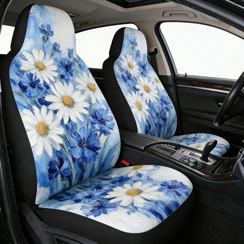 2 Fresh Blue And White Daisy Car Seat Cover Sets, Elegant Floral Design, Versatile And Easy To Care For, Suitable For Sedans, Su