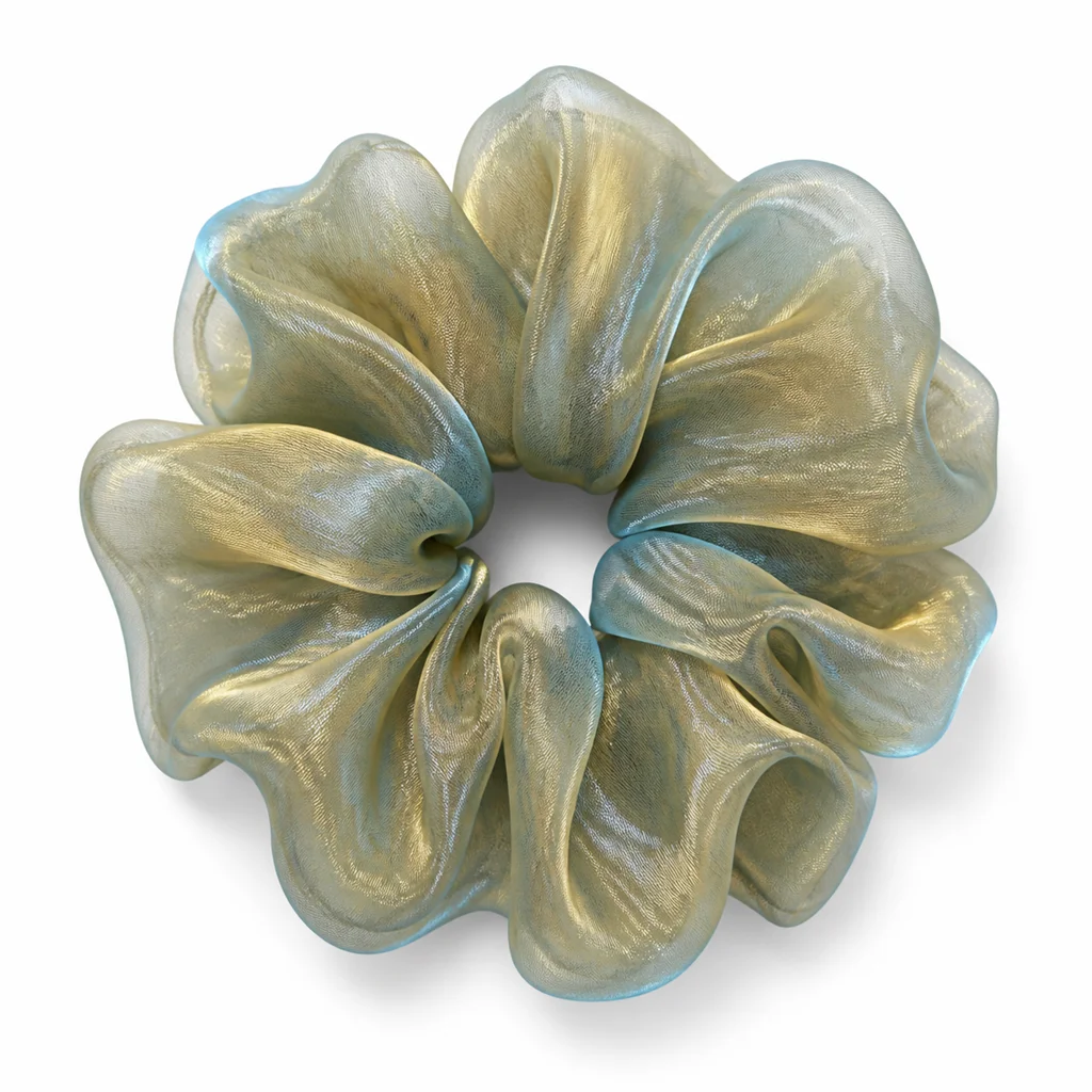 sage-gold-aqua-iridescent-pearl-sheer-single-layer-scrunchie-oversized-handmade-hair-tie-for-women