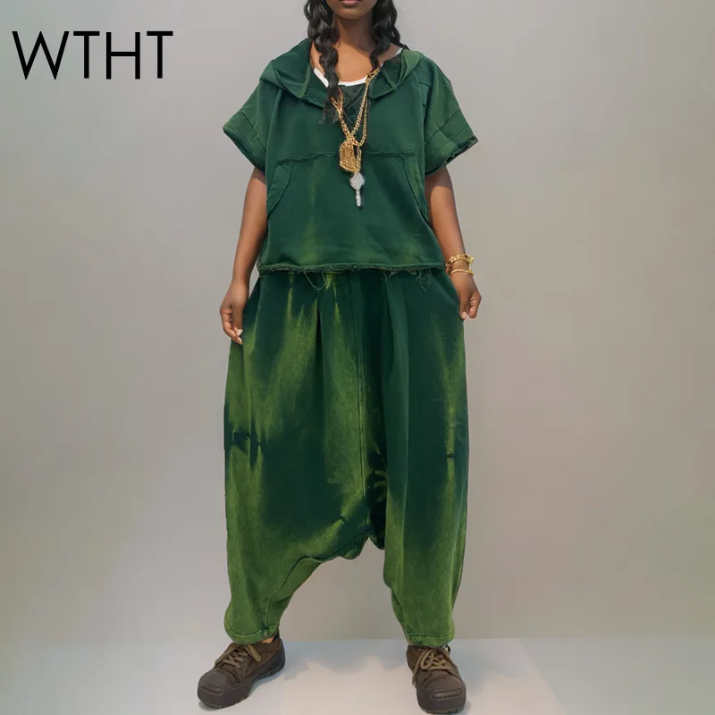 

WTHT Vintage Women's Tie Dye Short Sleeves Hoodie Tops Elastic High Waist Loose Pants Female 2025 Summer Fashion 1LS2053