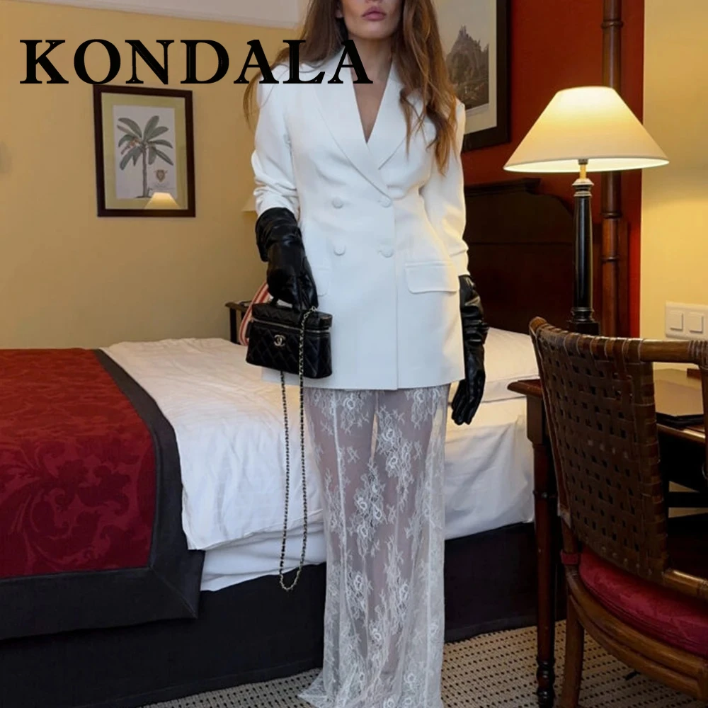 

KONDALA мода 2025 офисный женский однотонный костюм тонкий двубортный пиджак + молния-футляр кружевная длинная юбка винтажный женский комплект