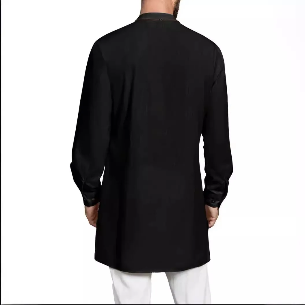 2024 Herren Kaftan Thobe Langarm Robe Kleid lässig Baumwolle Leinen Knopf muslimischen Hemd muslimische Mode islamische Kleidung Männer