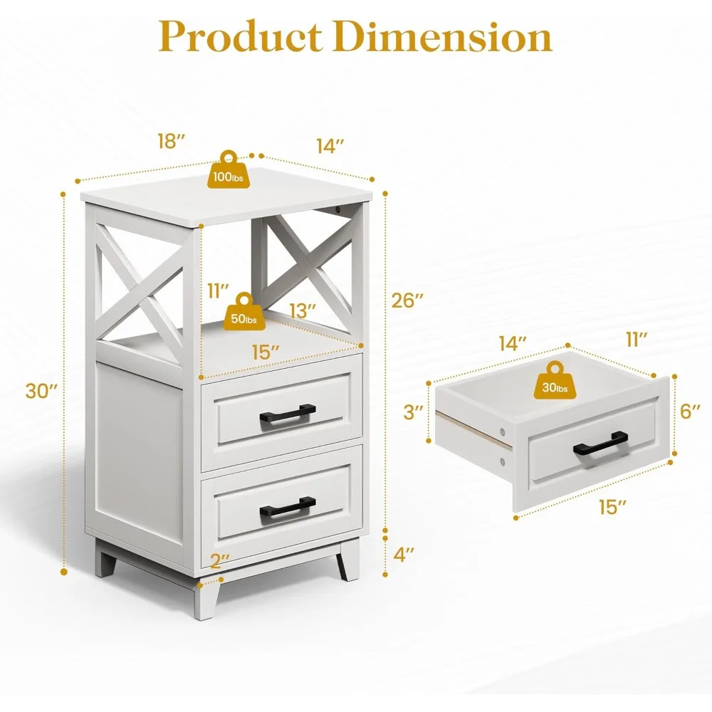 منضدة بيضاء 30 مرتفعة مع درجين ورف مفتوح، وطاولة بجانب السرير حديثة، وأرجل خشبية صلبة #2