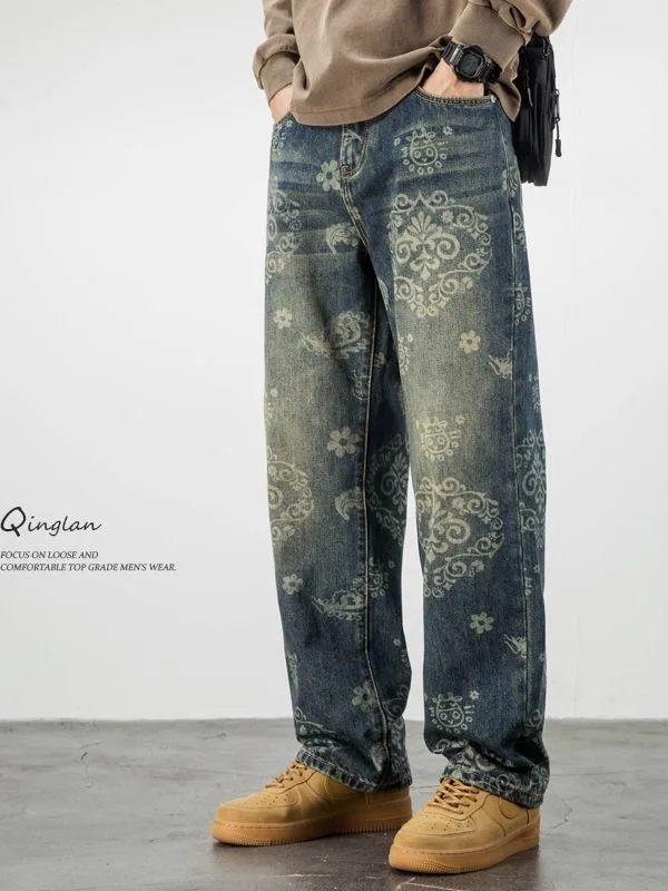 

High-End Men's Loose Straight Leg Casual Jeans American Street Sle Personali Print Waed Long Pants Comfortable Straight...