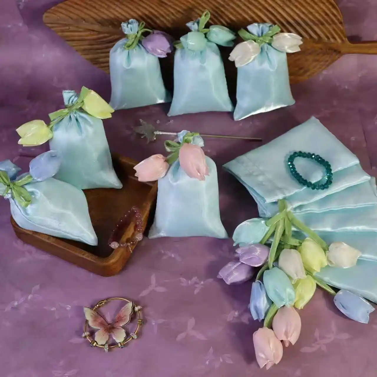 1015cm 10pcs lightweight portable Smooth touch New Water Silk Fabric Drawstring Pouches flower color Randomized delivery