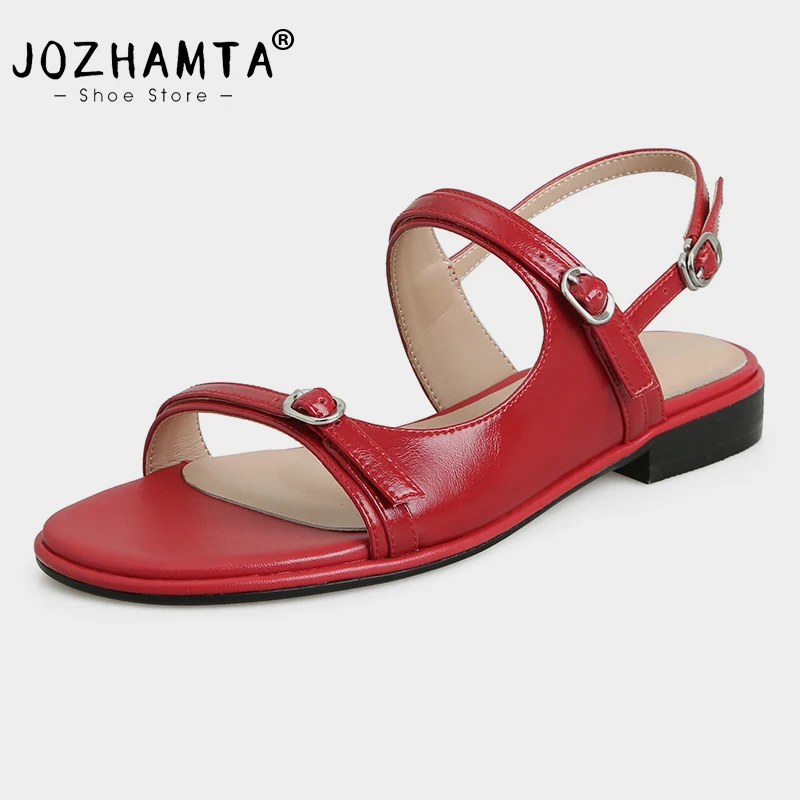 JOZHAMTA Size 34-39 Women Flats Sandals Real Leather Buckle Strap Slingback Low Heels Summer Beach Shoes Casual Daily Rome Dress