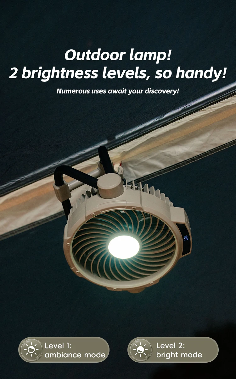 Tragbarer 6-in-1 Outdoor-Campingventilator 10000mAh Wiederaufladbarer Kabelloser Zelt-Deckenventilator 5-Stufen-Einstellung Fernbedienung LED-Licht – Detail 12