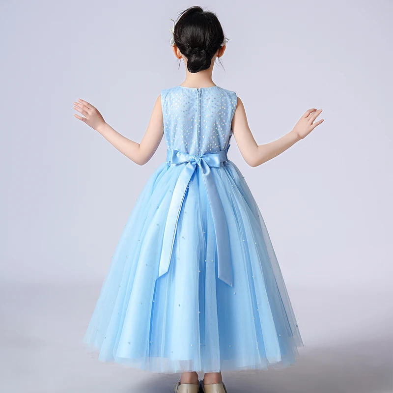 Girls Dress Sleeveless Mesh Bow Princess Dresses Flower Girl Dress Piano Costumes For Performance Wedding Party