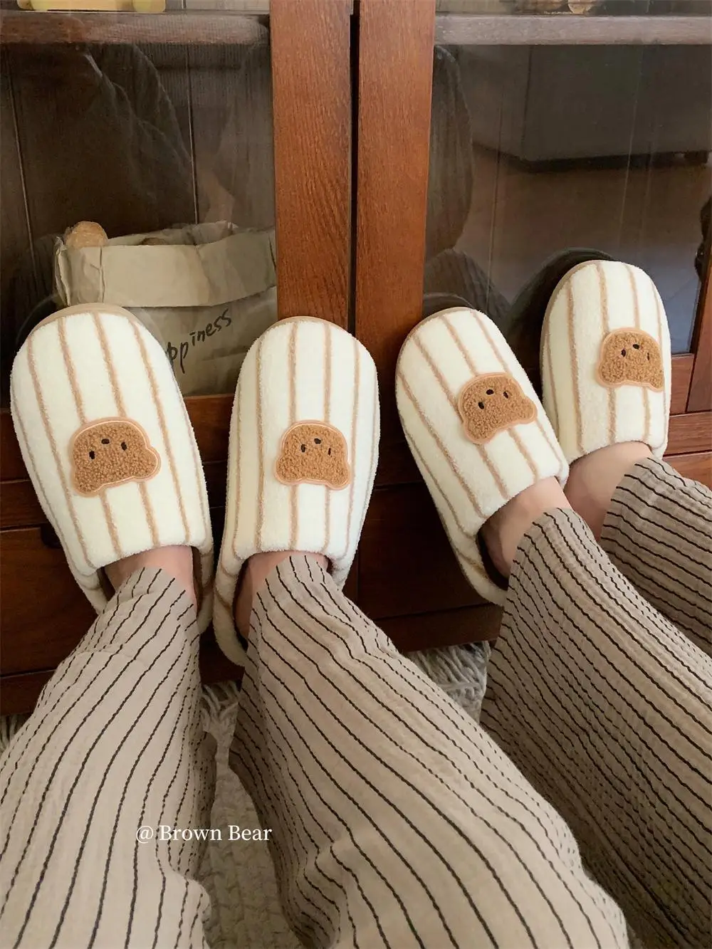 Man Women Home Slippers Couple Ins Striped Teddy Bear Cotton Slippers Warm Confinement Shoes Winter Indoor Household Slippers