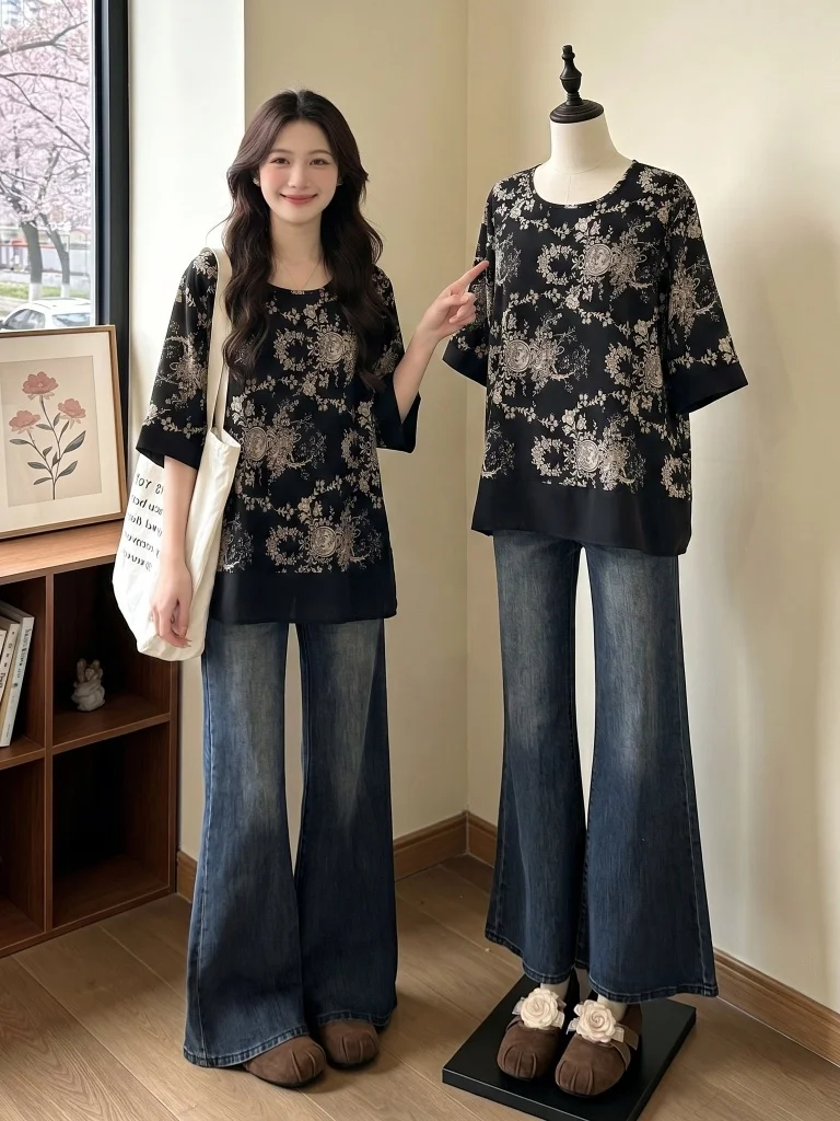 New Chinese Style Loose Short Sleeve T-Shirt Women's Summer plus Size Conceal Belly Fashionable Top Korean Version round Neck