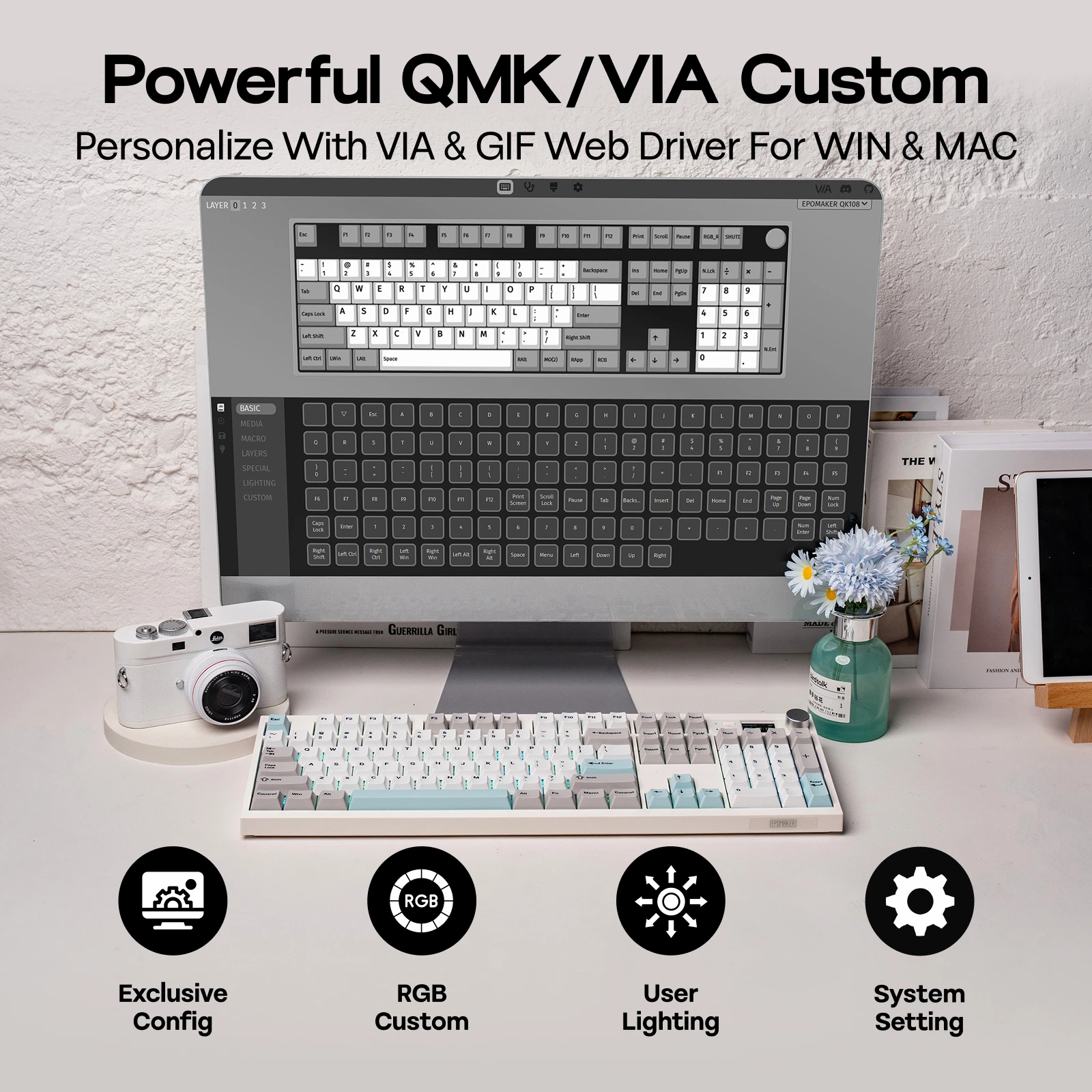 EPOMAKER QK108 QMK/VIA Pełnowymiarowa Klawiatura Mechaniczna ANSI US Layout Hot-Swap Przewodowa/Bluetooth/Bezprzewodowa 2.4Ghz z Ekranem i Pokrętłem — zdjęcie produktu 4