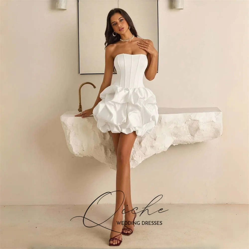 QICHE Modern Satin Short Strapless Wedding Dress Sheath Open Back Pleat Sleeveless Bridal Party Gown Vestido De Noiva Customized
