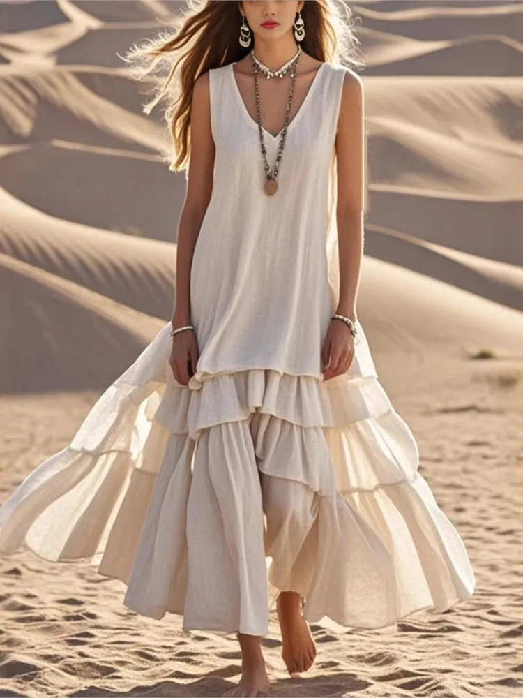 

Retro Cotton Linen Pleated Long Dress Woman Spring Fashion V Neck Loose Maxi Dress Summer Solid Sleeveless Tank Boho Beach Dress