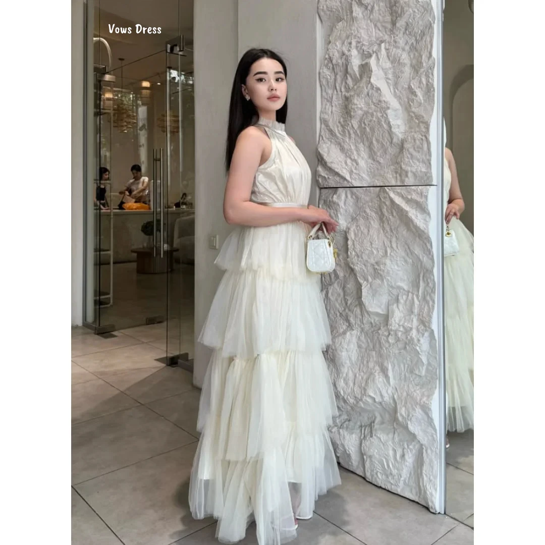 

Vows Round Collar Dresses for Special Events Custom Made Robes De Cocktail Evening Dress Woman Layered Formula White Prom Gown