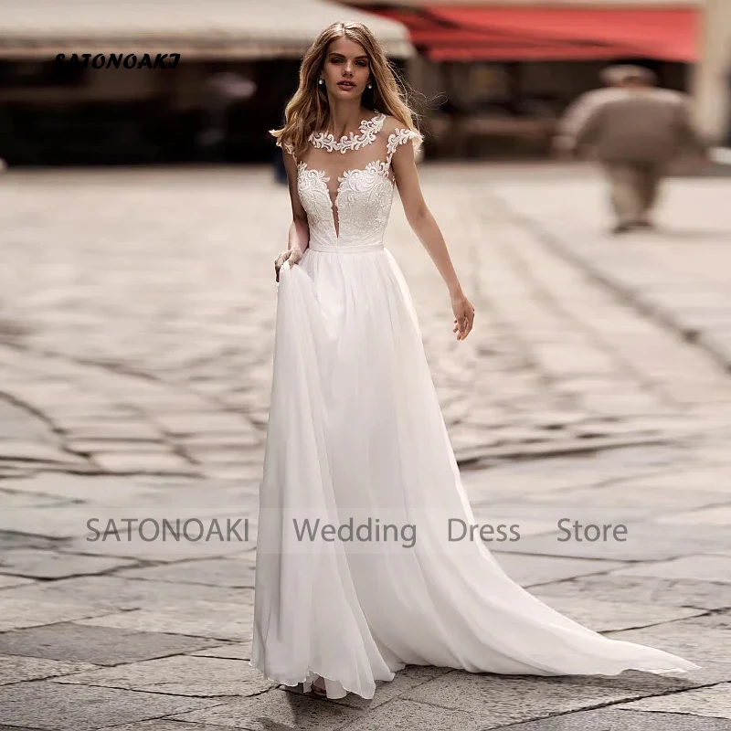

Customized Elegant Boho Chiffon Lace Wedding Dress for Women Cap Sleeves A-Line O-Neck Beach Bride Gown Vestidos De Noiva Robe