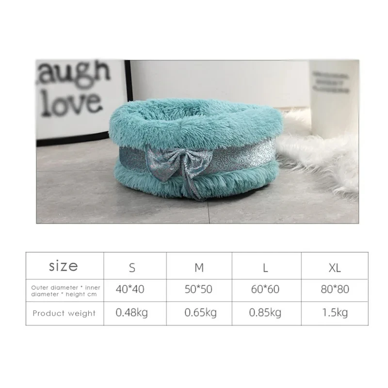 Cute Cat Beds Pet Dog Warm Bed Luxury Bowknot Decoration Fluffy Round House Soft Long Plush Bed Dog Basket Animals Sleeping Bed