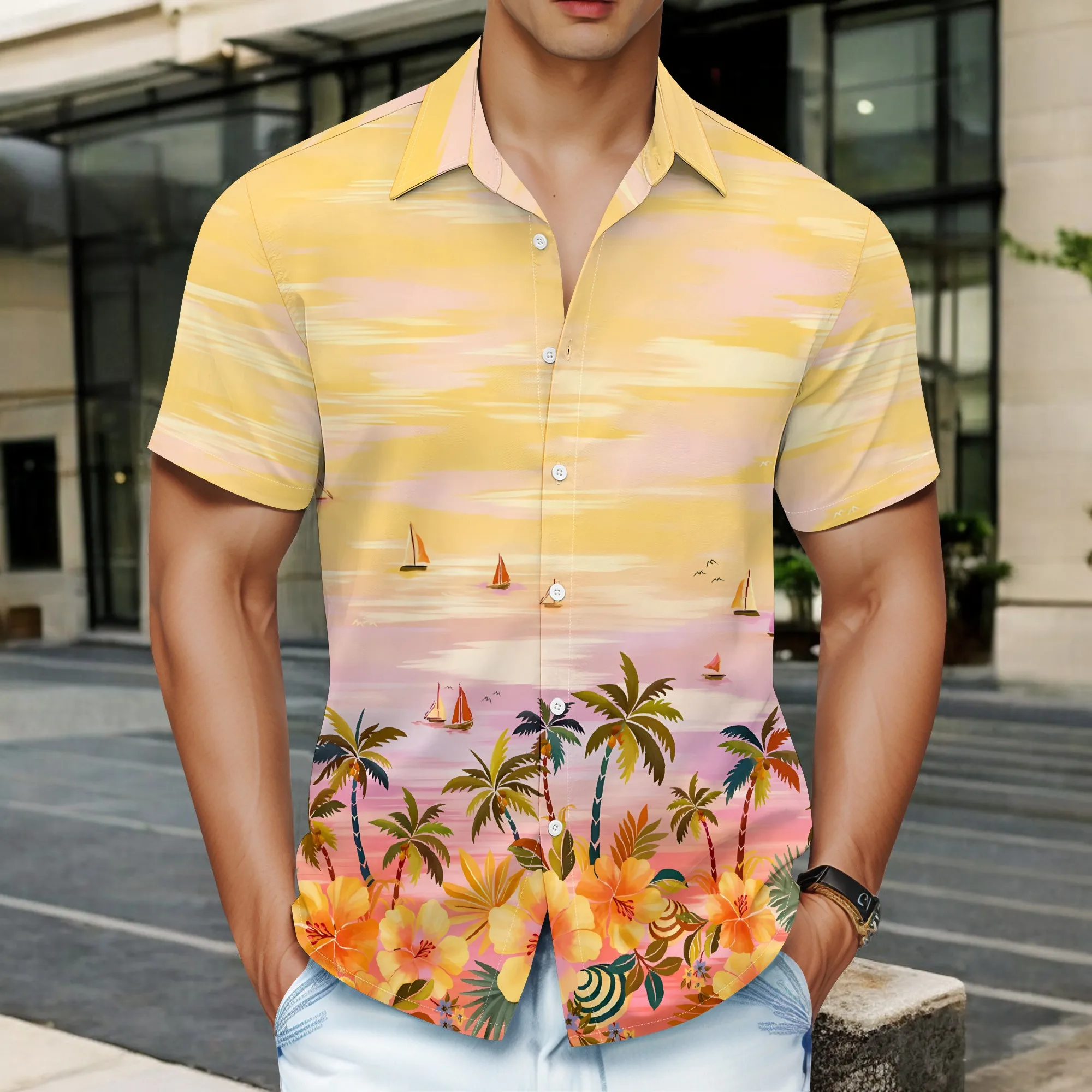 

YEAE Sunset Beach Floral Print Shirt for Men Summer Casual Short Sleeve Top