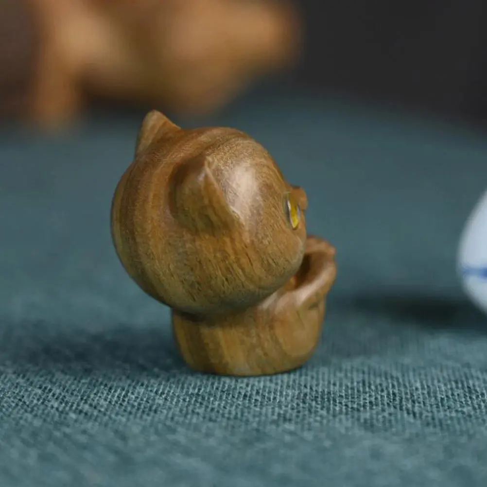

Wood Carving Cat Sculpture Hand Polished Decorative Home Office Desk Accent Unique Wooden Animal Art Piece Wooden Cat Statue