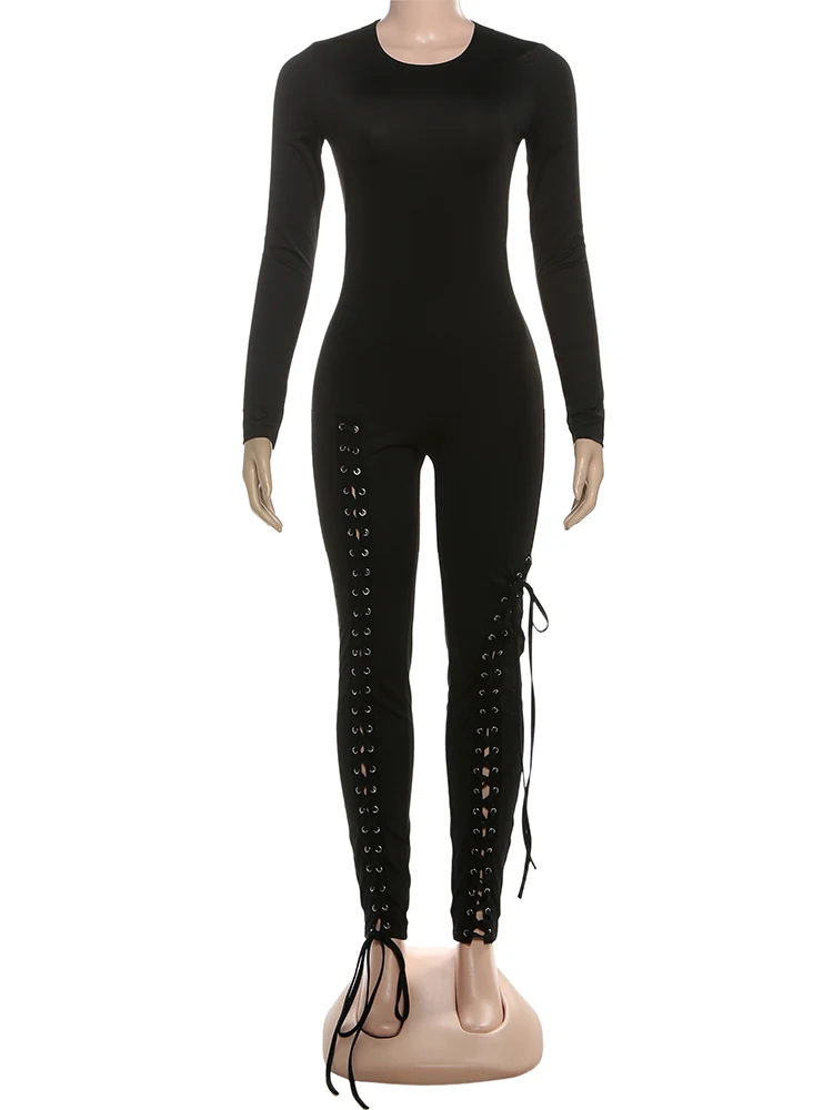 Insglas 지퍼 섹시한 크로스 밴디지 술 점프 슈트 여성-목 긴 소매 높은 탄성 스키니 한밤거리 가을 의상