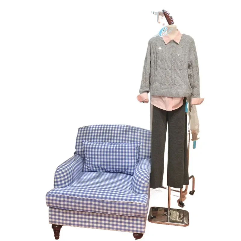 

Blue and white plaid fabric sofa, single niche, simple and modern small apartment living room furniture