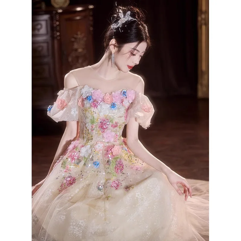 Zoete bloem off-shoulder avondjurk 2025, luxe kanten trouwfoto's schieten bruidjurk, klassieke op maat gemaakte feestjurken