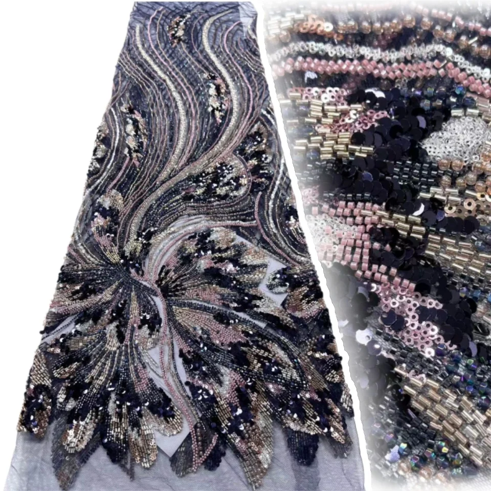 

Luxury African Groom Sequins Lace Fabric High Quality Beaded Embroidery Lace French Tulle for Nigerian Wedding Dresses CC1423