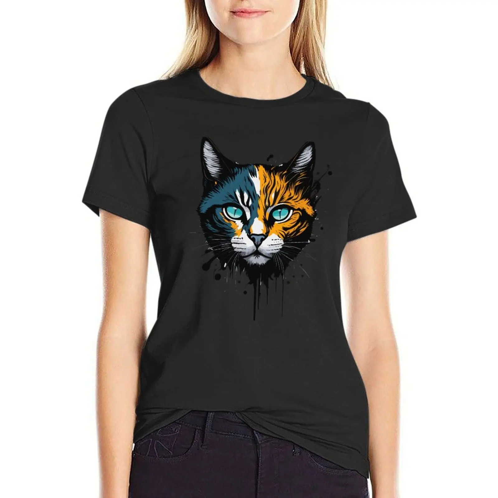 Cool Cat Graphic Illustration Design T-Shirt summer top Female clothing summer clothes tees rock and roll t shirts for Women