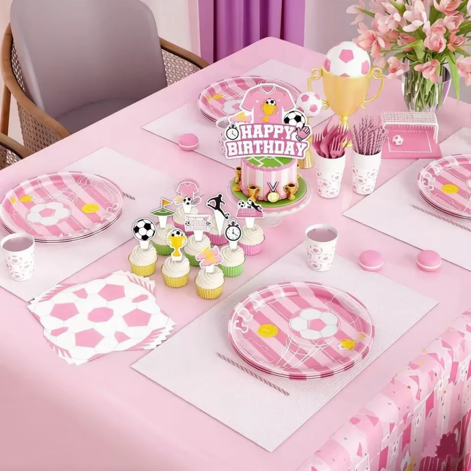 Neues Rosa Einweg-Fußball-Geschirr, Pappbecher, Teller, Servietten, Tischdecken, Geburtstagsfeiern, Feierlichkeiten, Partyzubehör – Detail 7