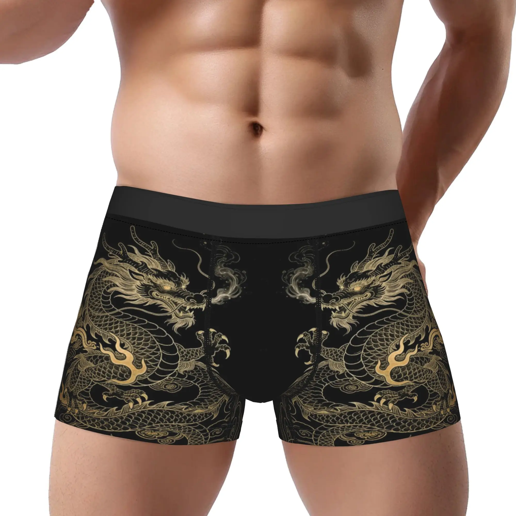 Golden Dragon On Black Background  Underpants Breathbale Panties Men's Underwear Print Shorts Boxer Briefs