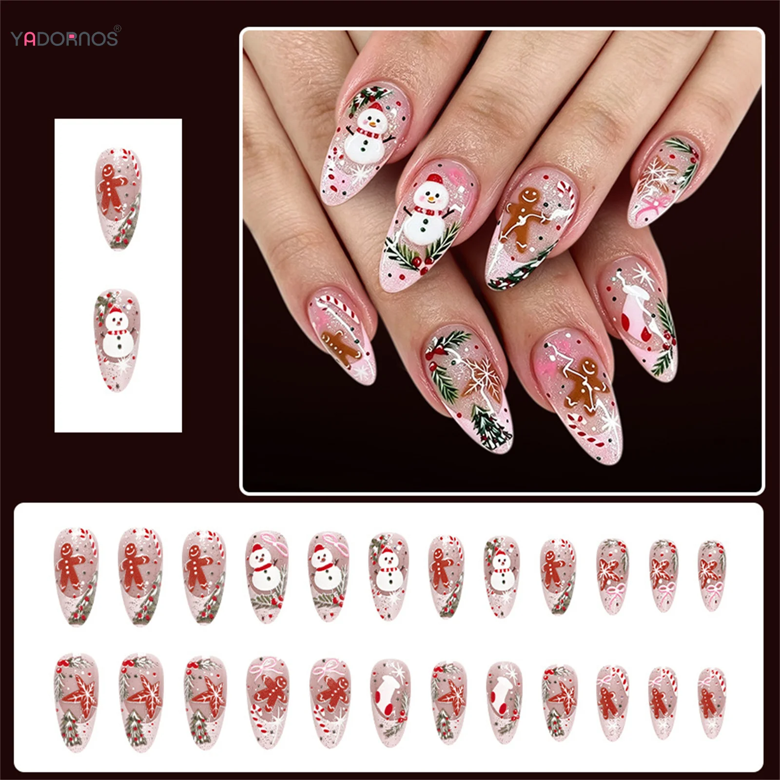 24pcs Nude Color False Nails Snowman Xmas Tree Gingerbread Man Cane Design Press On Nails Christmas Pink French Almond Fake Nail