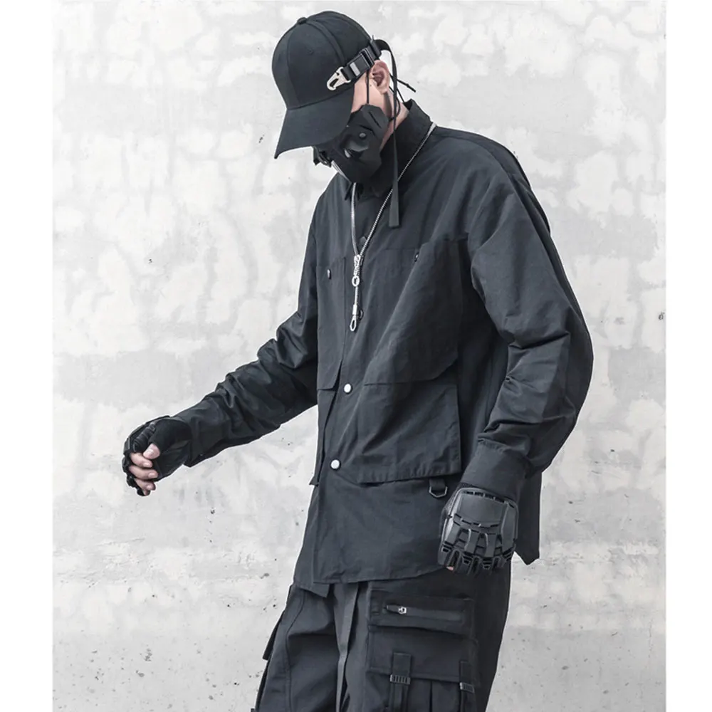 AOGZ Harajuku Hip Hop Casual Pockets Lapel Button Shirt Men Clothing Shirts Streetwear Loose Outwear Drak Black Tops