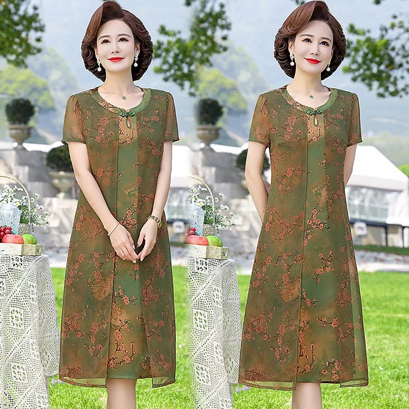 Fake two pieces Print Natural Silk Midi Dress Women Korean Fashion Elegant Casual Party Dress Summer Loose Plus size Knee-length