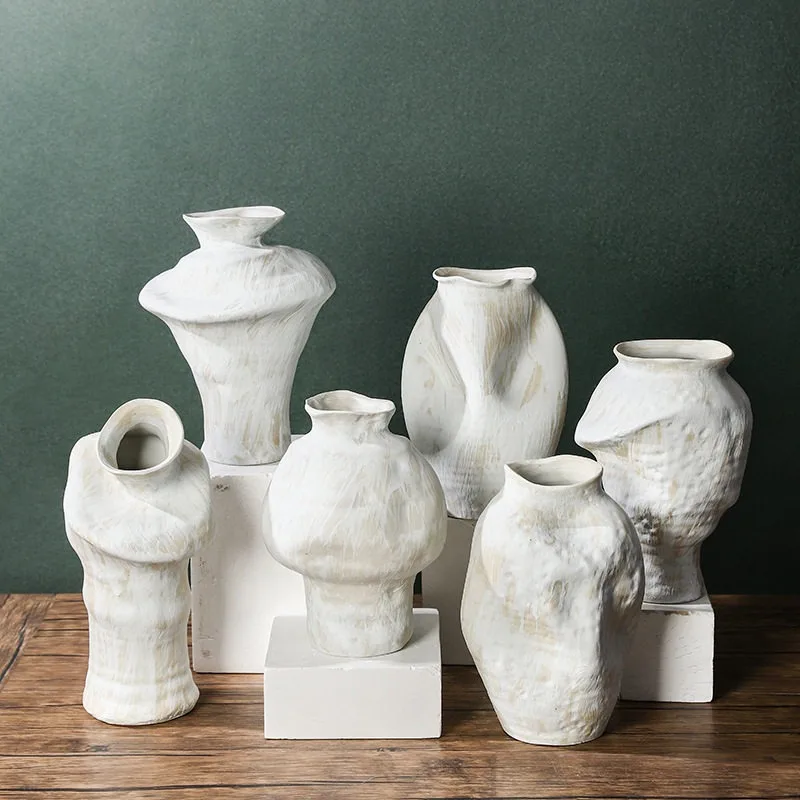 Wabi Sansan retro nostalgic concave vase white handmade high-end medium and ancient style simple ornament Jingdezhen ceramic vas