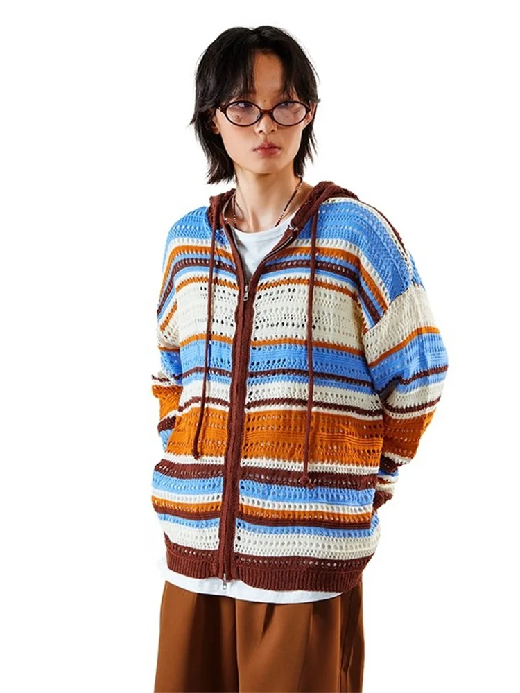 

Knitted Hollow out Cardigan ex Spring Autumn Thin Loose Striped Sun Protection Outerwear Versatile Lightweight J...