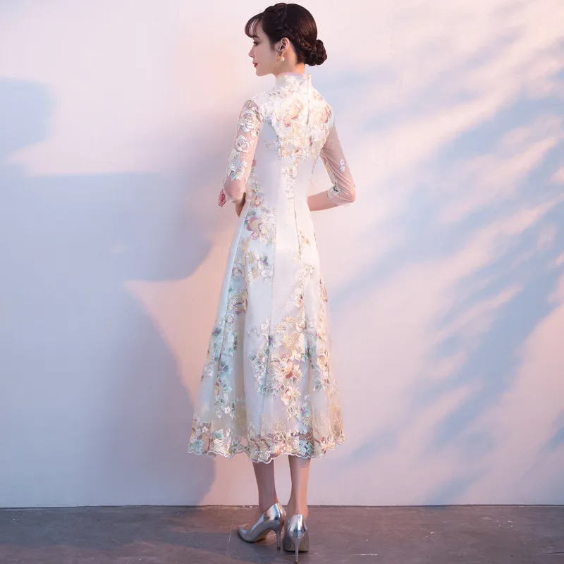 Champagne Sweet Elegant Bridesmaid Dress Women Temperament Formal Party Gown Exquisite Floral Embroidery Novelty Cheongsam