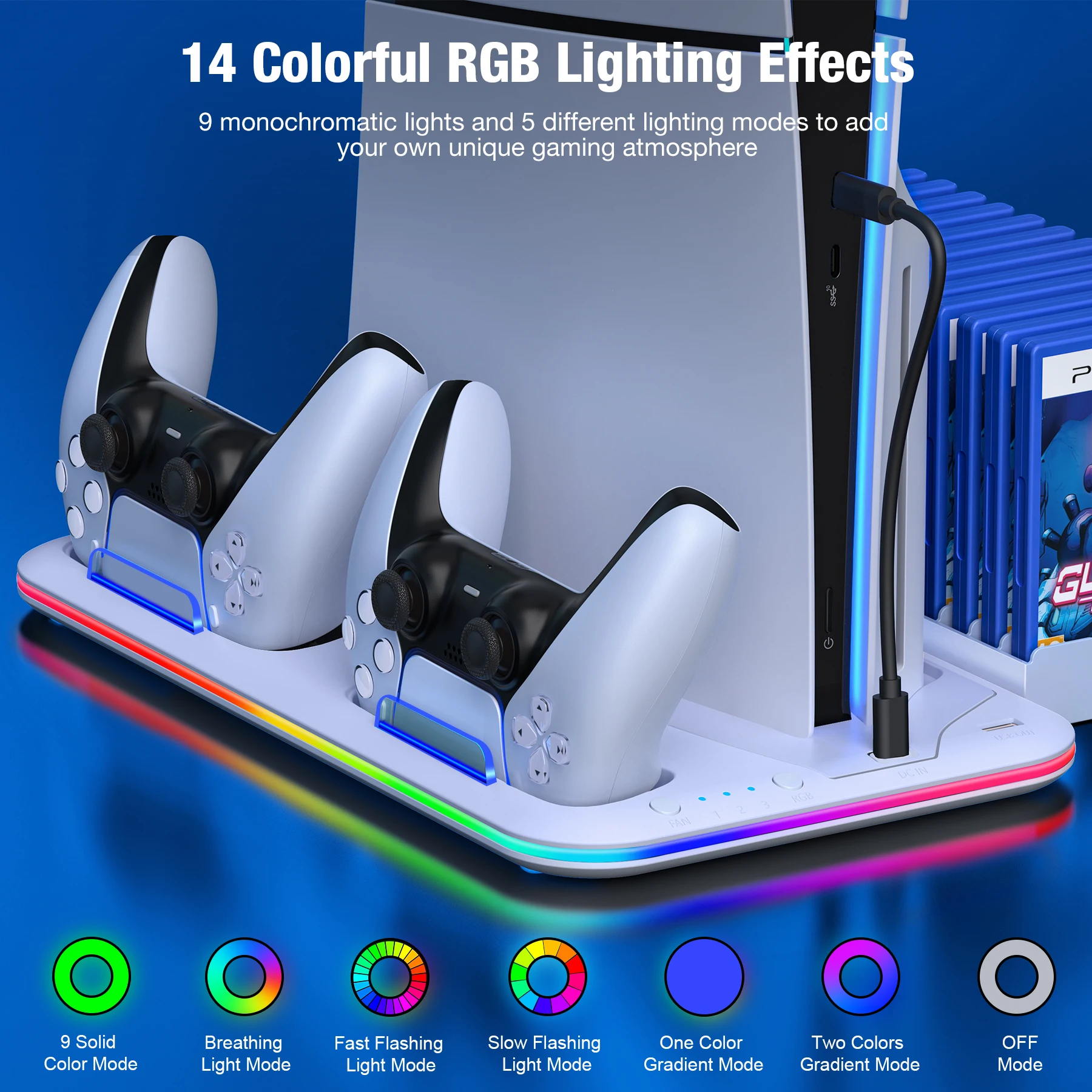 Voor PS5 Slim Cooling Stand met RGB Licht Fan Voor PS5 Console Disc & Digitale Edities PS5 Controller Dual Controller Opladen Dock