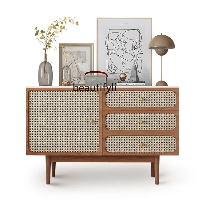 

Nordic Solid Wood Sideboard Japanese Rattan Storage Cabinet Simple Modern Entrance Cabinet