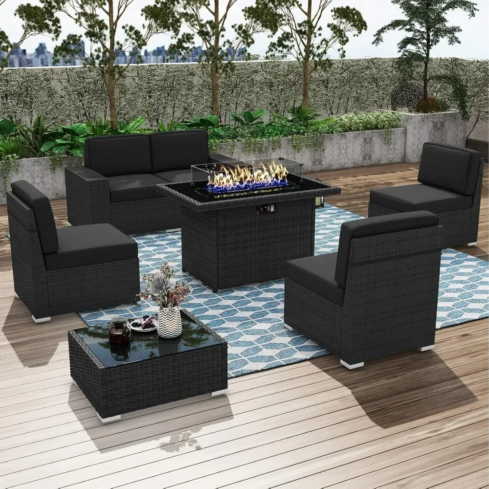 

7 Pieces Patio Furniture Conversation Sofa Set with 44" Propane Gas Fire Pit Table, Outdoor Sectional Rattan Wicker Sofa Set