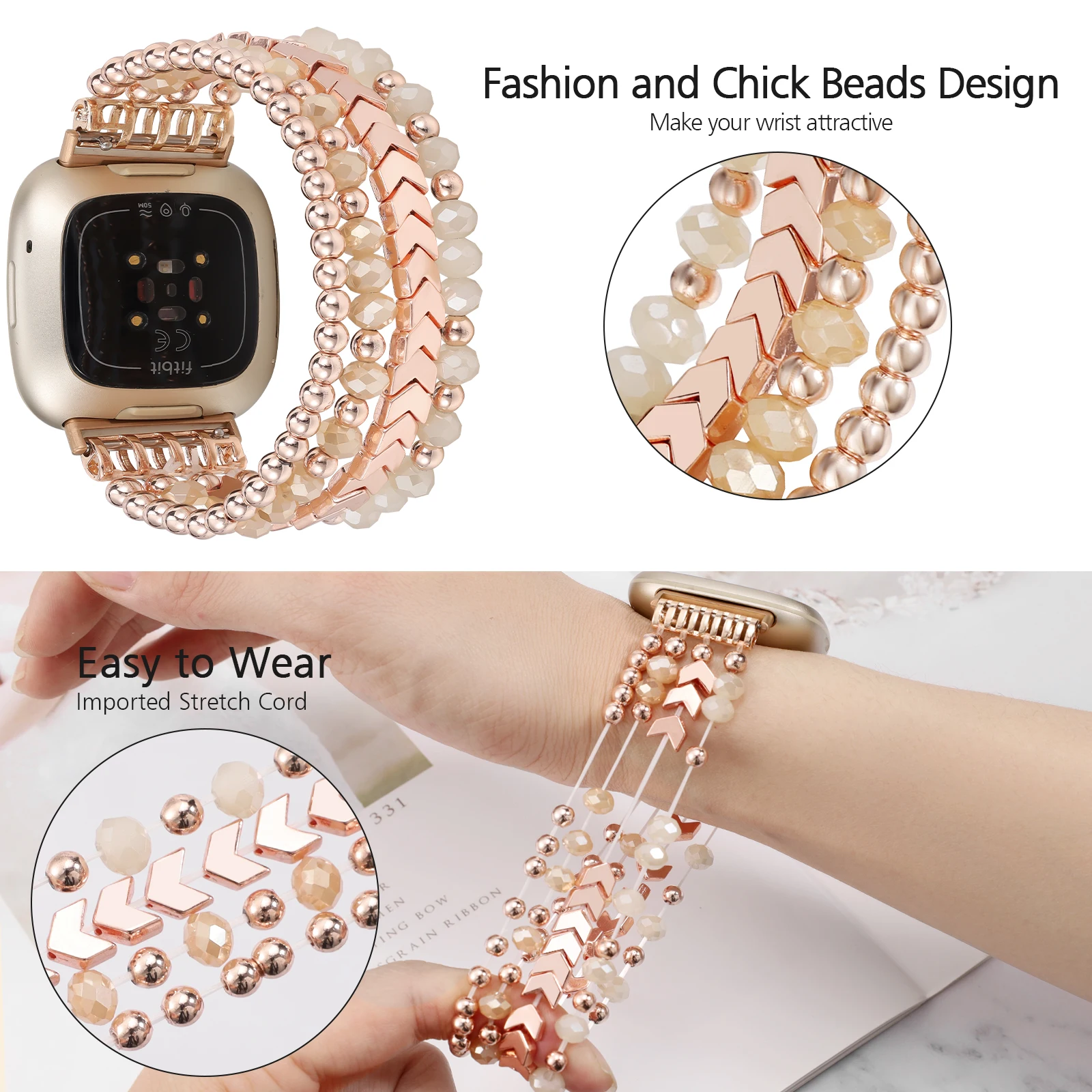 Stylish Elastic Beaded Strap for Fitbit Versa 3 and Versa 4 Women's Strap for Fitbit Sense/Sense2 Bracelet Accessories